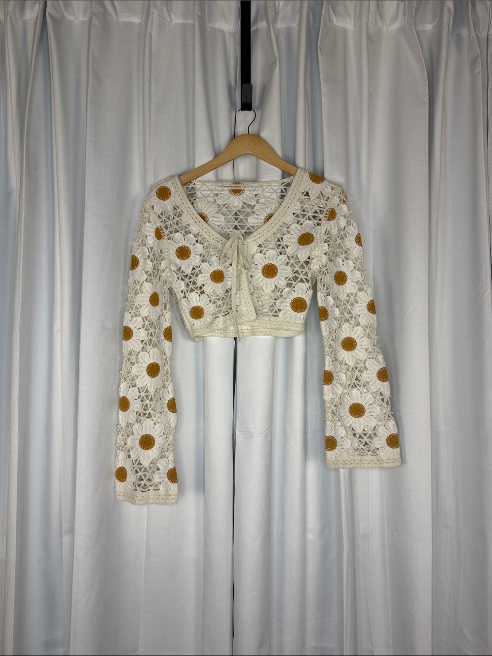 moon & madison Cream Crochet Tie-Front Crop Top with Mustard Floral Spots